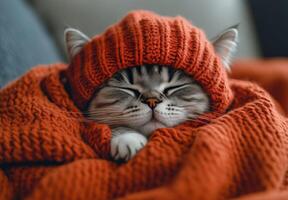 A cat is wrapped in an orange knitted hat photo