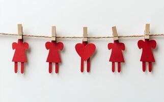 Red paper hearts hanging on clothes pegs photo