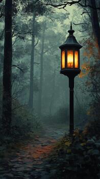A lamp post in the middle of a dark forest photo