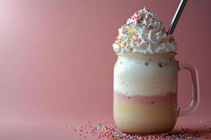 A milkshake with sprinkles and a straw photo