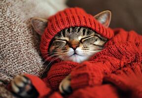 A cat is wearing a red sweater and sleeping photo