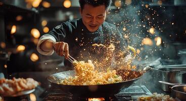 A man is cooking food in a wok photo