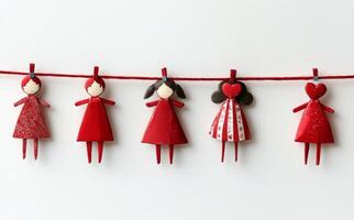 A group of red paper dolls hanging on a clothesline photo