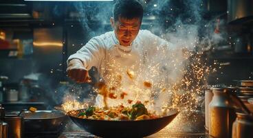 A chef is cooking food in a large wok photo