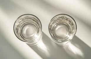 Two empty glass cups on a white surface photo