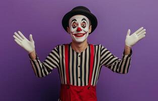 A man in a striped shirt and red hat with white hands photo