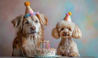 Two dogs are sitting in front of a birthday cake photo