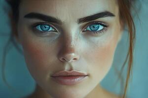 A close up of a woman with blue eyes photo