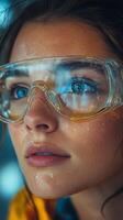 A woman wearing safety glasses photo