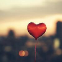 A red heart shaped balloon is floating in the air photo