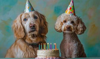 Two dogs sitting next to a birthday cake photo