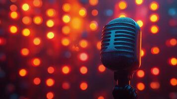 A microphone is in front of a red and blue background photo