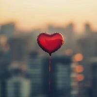 A red heart shaped balloon floating in the air photo