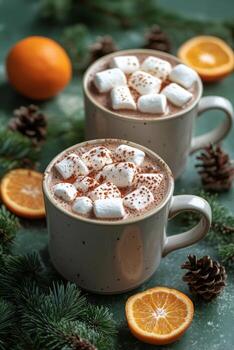Hot chocolate with marshmallows and oranges on a green background photo