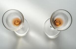 Two wine glasses with a brown liquid inside photo