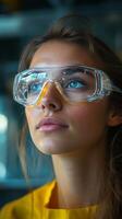A woman wearing safety glasses in a laboratory photo
