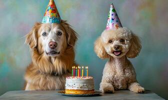 Two dogs wearing birthday hats and a cake photo
