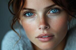 A woman with blue eyes and a white sweater photo