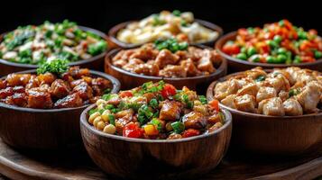 A variety of bowls filled with different types of food photo