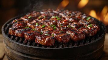 A close up of a grill with meat on it photo