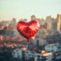 A red heart shaped balloon is floating in the air photo
