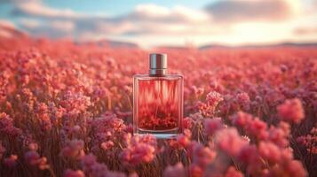 A perfume bottle in a field of pink flowers photo