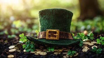 St patrick's day hat and coins in the forest photo