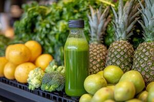 A bottle of green juice sits on a table with other fruits photo