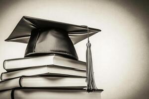 Black and white graduation cap on top of books photo