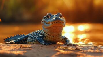 A baby alligator is sitting on the sand photo