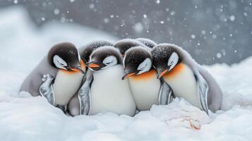 A group of penguins are huddled together in the snow photo