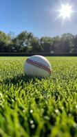 Baseball on grass with sun in background photo