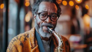 A man with glasses and a beard playing a saxophone photo