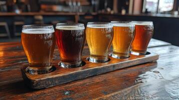 Five different types of beer are sitting on a wooden tray photo