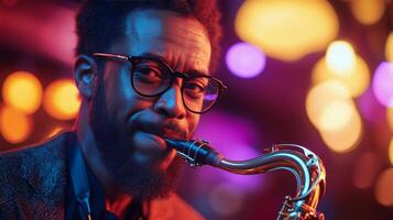 A man with glasses playing the saxophone photo