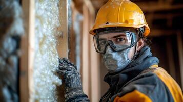 A man wearing a hard hat and safety glasses photo