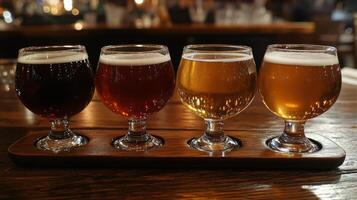 Four different types of beer on a wooden tray photo