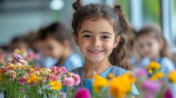 A little girl smiles while holding flowers in front of her photo