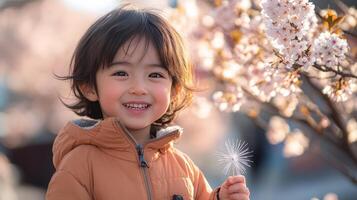 A young child is holding a dandelion in front of a flowering tree photo