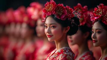 Chinese women in red dresses and flowers photo
