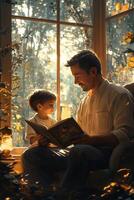 A man and a child sitting in a window seat reading a book photo