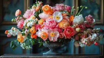 A vase filled with colorful flowers sits on a table photo