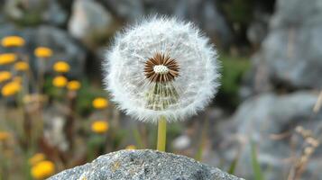 A dandelion is growing on a rock photo