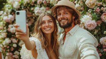 A man and woman taking a selfie in front of a flower garden photo