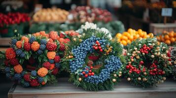 A variety of wreaths are displayed on a table photo