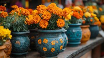 A row of colorful vases with flowers photo
