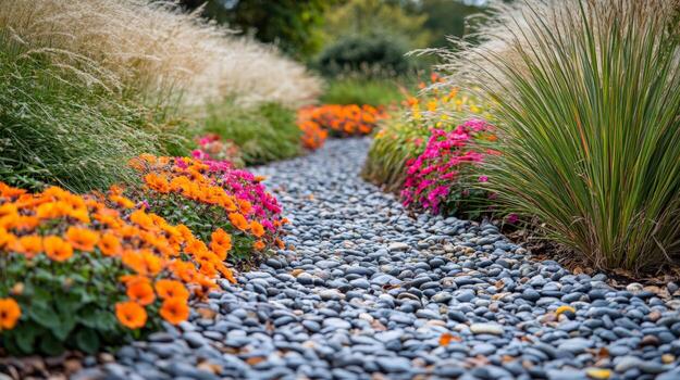 A gravel path with colorful flowers and grass photo