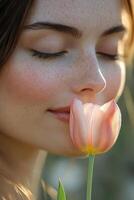 A woman smelling a flower photo