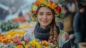 A woman wearing a wreath of flowers at a farmers market photo