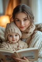 A woman and her baby are reading a book photo